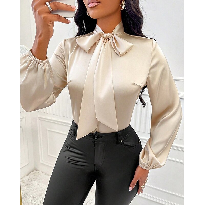 Women's Shirt Elegant Dressy Satin Solid Color Elegant Stylish Basic Long Sleeve Tie Neck Regular Tops Daily Going out Bow Apricot Spring Fall2