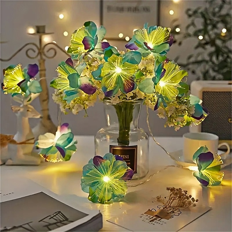 10 LED Fiber Optic Night Fragrance Light String Simulation Flower Luminous Flower Head Colorful Lights Christmas Wedding Party Home Decoration  1PC4