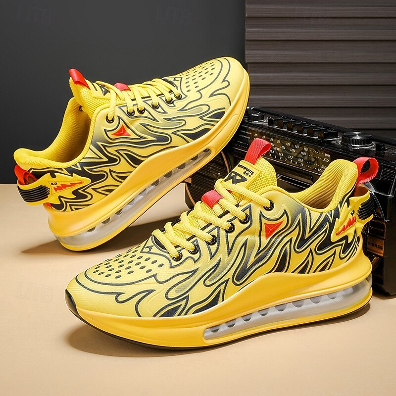 Men's Yellow Flame Print Air Cushion Sneakers, Fashion Streetwear Running Shoes for Sports, Fitness and Casual Party Style4
