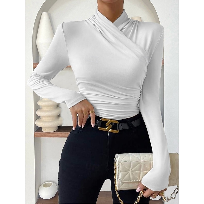Women's Blouse Solid Color Stylish Casual Long Sleeve V Neck Regular Tops Daily Ruched Black White Apricot Gray Spring Fall Winter3