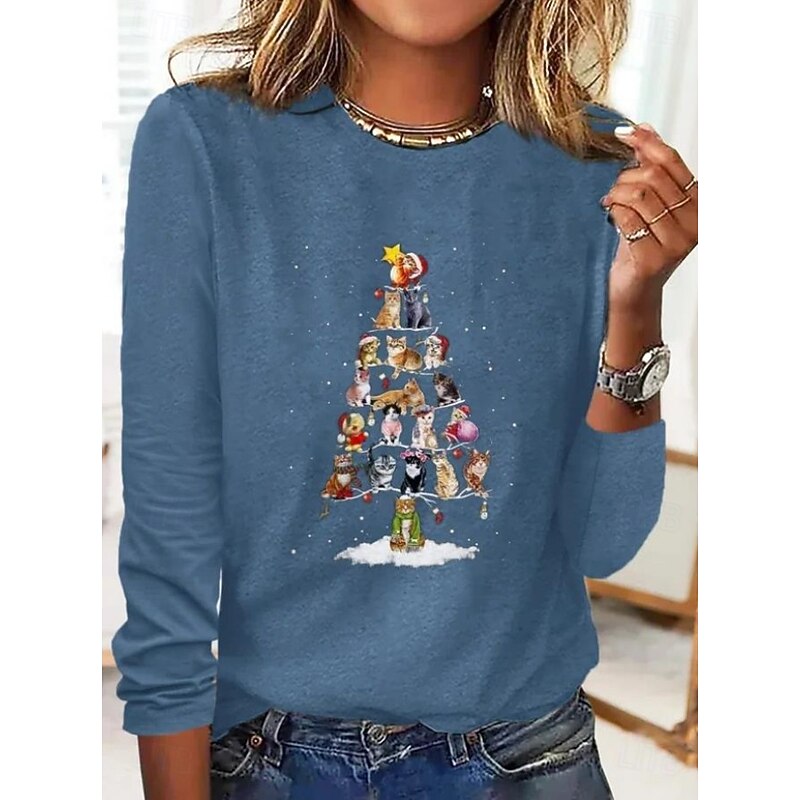 Christmas Women's T Shirt Graphic Cat Christmas Tree Vintage Fashion Stylish Long Sleeve Crew Neck Regular Tops Daily Weekend Print Black Red Blue Green Gray Fall Winter2