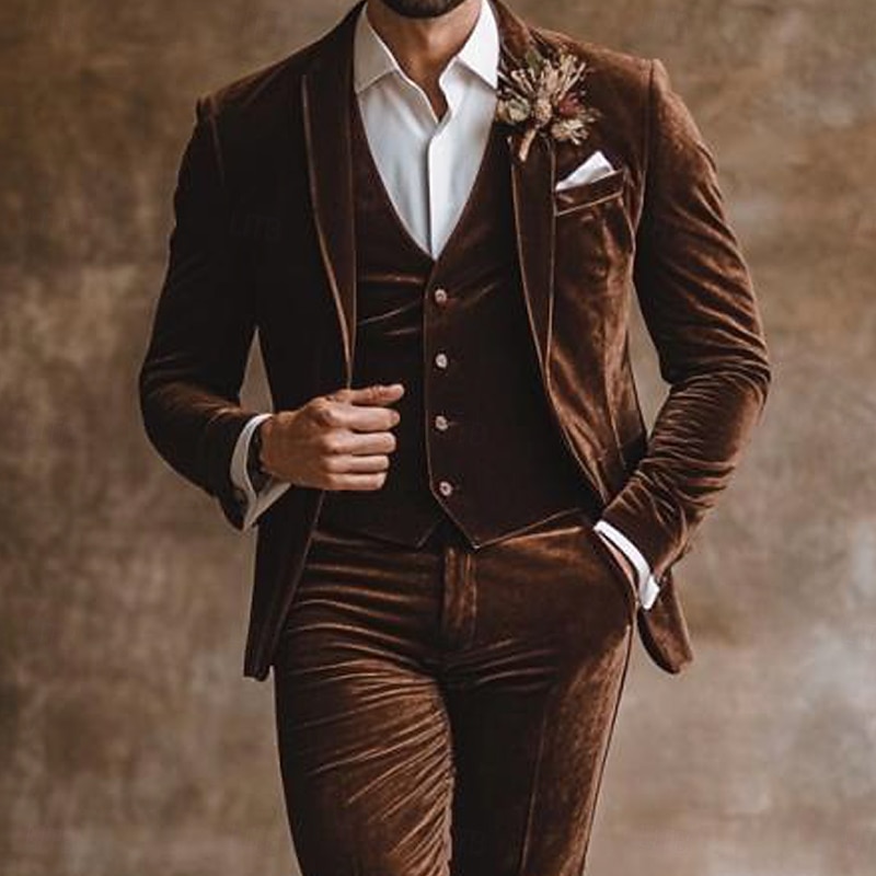 Men's Wedding Party Business Suits Notch Lapel Brown Daily Formal Solid Colored Slim Fit 3 Piece Single Breasted One-button2