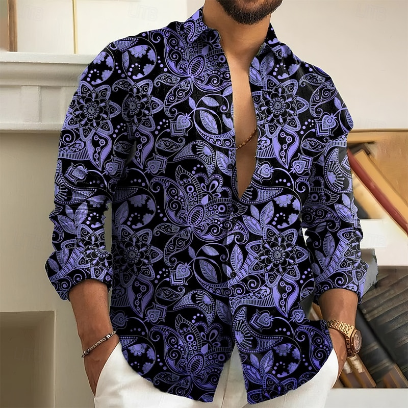 Men's Paisley Floral Print Ethnic Shirt Button Up Shirt Long Sleeve Vintage Retro Holiday Casual Daily Spring Fall Turndown 3D Print Collared Shirts Blue Purple Gold3