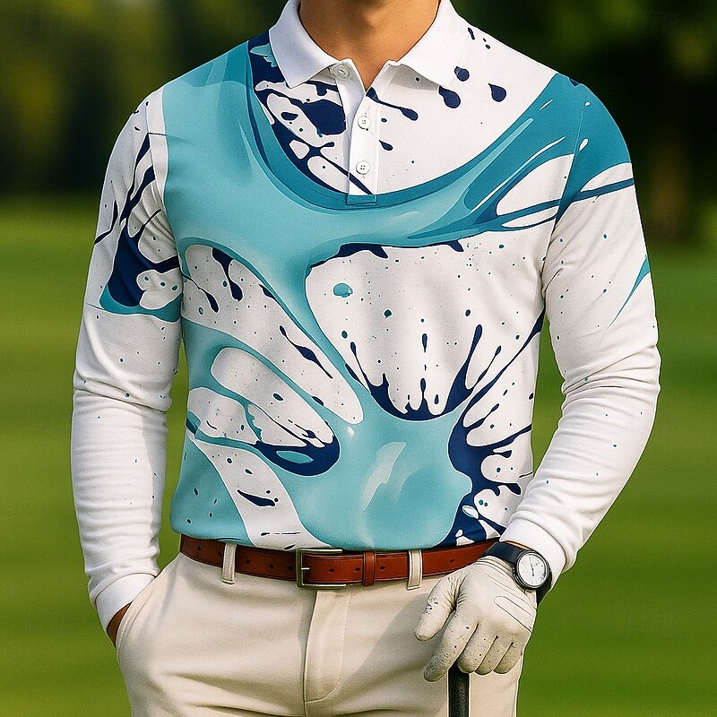 Men's Golf Splash Ink Polo Long Sleeve Polo Shirts Lapel Casual Outdoor Athleisure Daily Wear 3D Print Buttons Spring Fall Winter Blue Green