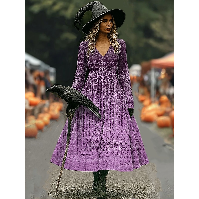 Women's Midi Dress A Line Dress Vacation Casual Daily Holiday Date Regular Fit Ombre Graphic Long Sleeve V Neck Blue Purple Orange Green Fall Winter4