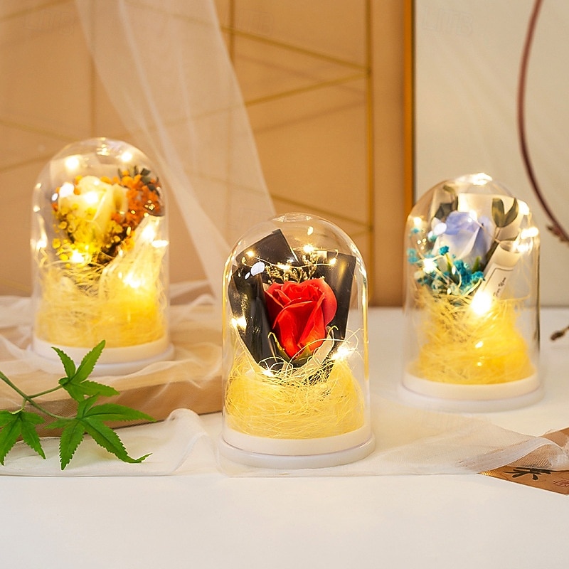 1 Pc 15 * 10CM Christmas Halloween Valentine's Day Mother's Day Luminous Eternal Flower Transparent Cover Simulated Rose LED Nightlight Desktop Decorative Light Pendant Light AAA Battery Gift3