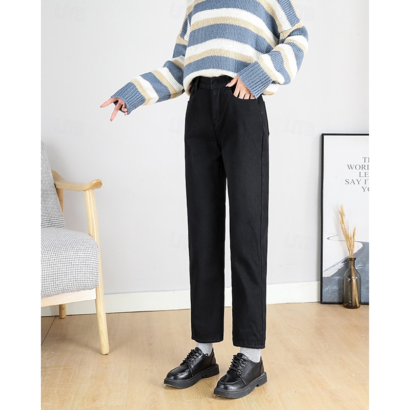 Women's Jeans Chinos Harem Pants Vacation Vintage Streetwear Full Length Medium Waist Plain Pocket Elastic Waist Warm Comfortable Inelastic Micro-elastic Outdoor Vacation Holiday Black Ivory Blue4