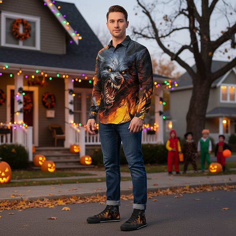 Men's High Top Canvas Sneakers with Scary Werewolf Graphic, Casual Wear Shoes for Streetwear and Halloween Party2