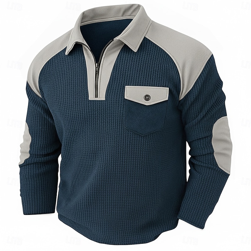 Men's Waffle Tee Waffle Henley Shirt Long Sleeve Lapel Quarter Zip Fall Spring &  Fall Solid Color Fashion Basic Casual Pockets Patchwork Street Casual Sports Black Wine Navy Blue Top Tee for Men3