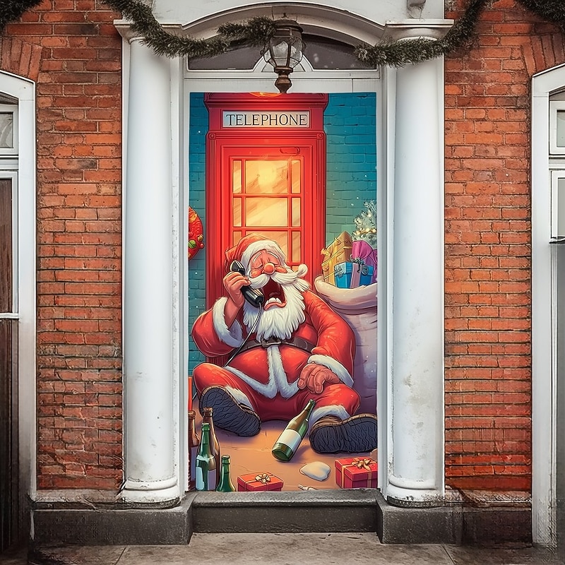 Christmas Door Cover Holiday Curtain Decoration Winter Theme Drapes Featuring Santa Claus And Phone Booth Print Large Fabric Panel Festive Home Decor For Living Room Bedroom Entryway Celebration2