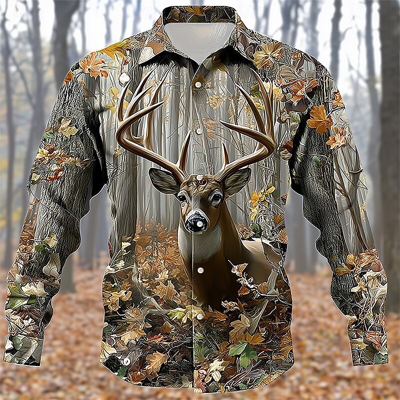 Men's Reindeer Camo / Camouflage Forest Shirt Button Up Shirt Long Sleeve Vintage Retro Outdoor Camping & Hiking Hunting Spring Fall Turndown 3D Print Collared Shirts Camouflage Camouflage Gray2