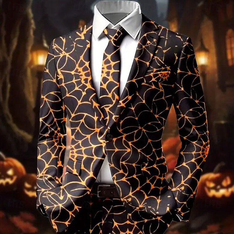 Men's Spider web Blazer Jacket Coat Comfortable Breathable Artistic Casual Party Daily Festival 3D Print Buttons Multi Pocket Fall & Winter Flat collar Long Sleeve Black Red Purple