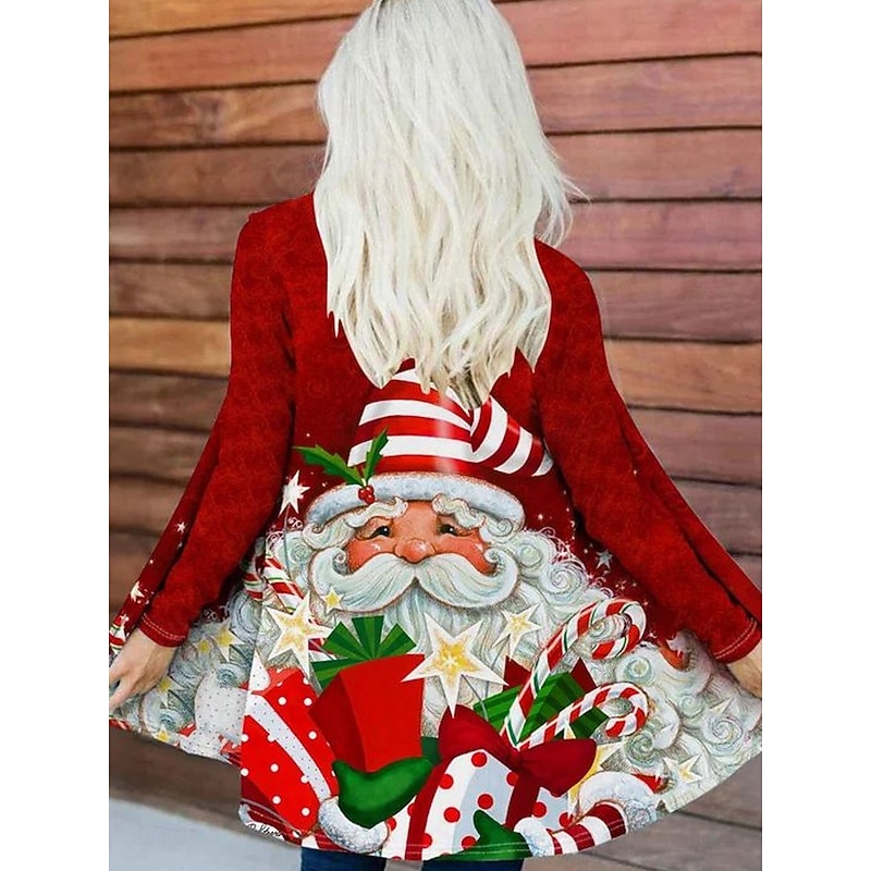Women's Winter Coat Lightweight Comfortable Print Open Front Vintage Fashion Casual Santa Claus Vacation Casual Long Collarless Regular Fit Long Sleeve Outerwear Red Blue Purple Spring Fall