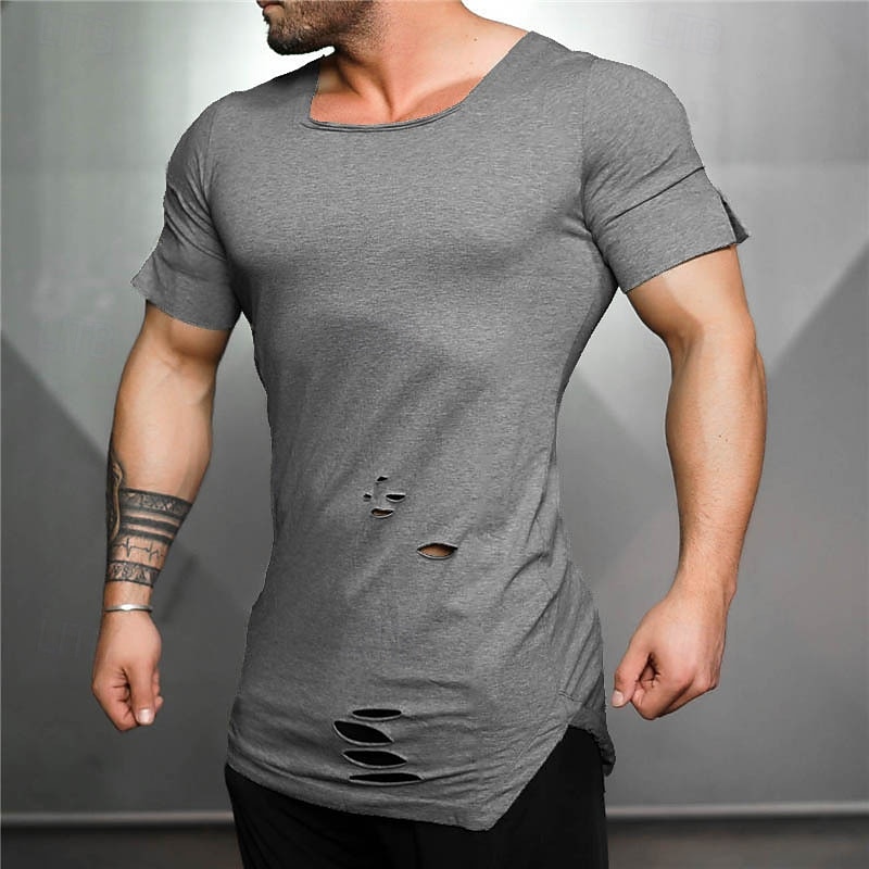 Men's T Shirt Tee Short Sleeve Shirt Tee Top Short Sleeve Square Neck Summer Plain Fashion Designer Basic Hole Vacation Street Going out White Gray Top Tee for Men