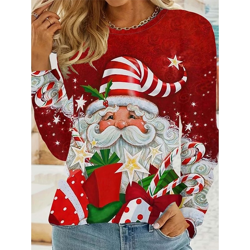 Christmas Women's T Shirt Graphic Santa Claus Vintage Fashion Stylish Long Sleeve Crew Neck Round Neck Regular Tops Daily Weekend Print Black White Pink Red Blue Spring Fall Winter3