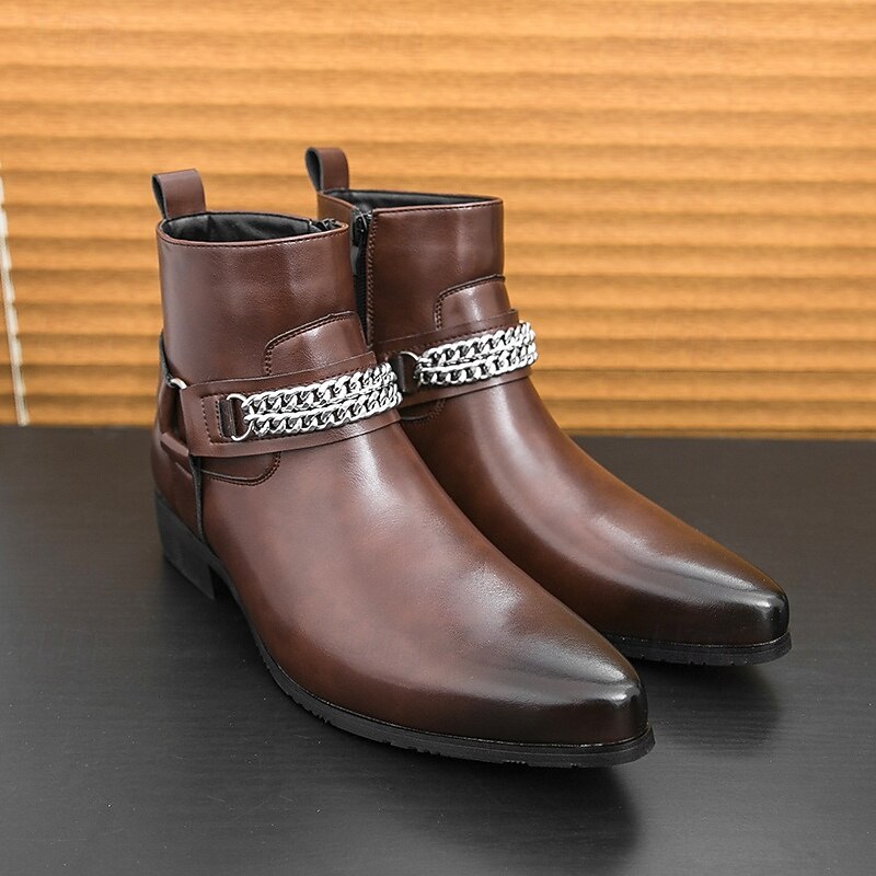 Men's Brown Faux Leather Chelsea Boots with Chain Accent, Sleek and Modern Look for Formal Office Attire, Parties and Evenings Out2