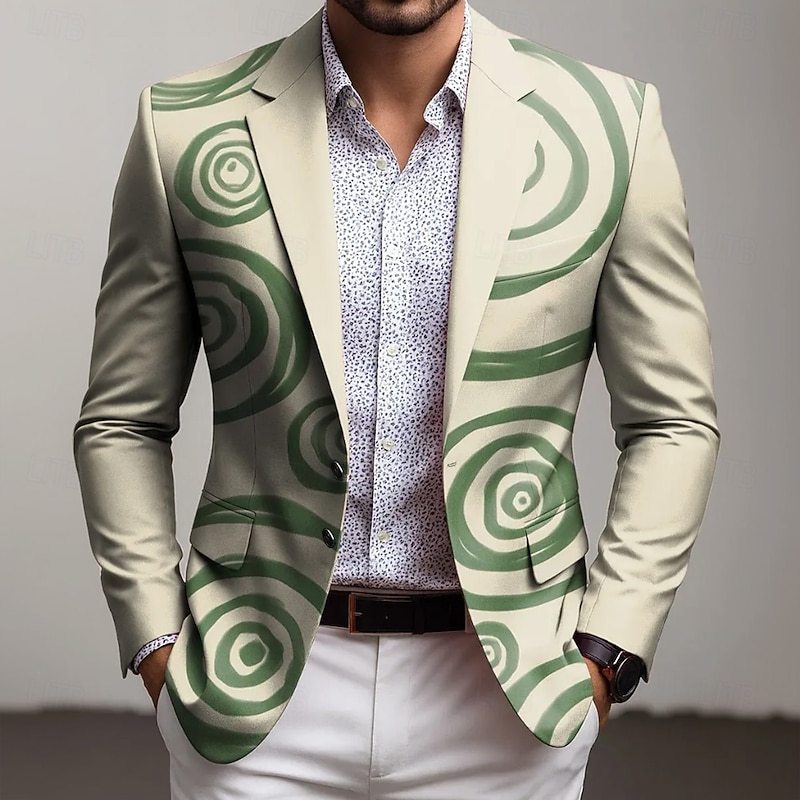 Men's Blazer Coat Casual Casual Daily Modern Fall / Winter 100% Polyester Geometic 3D Print Buttons Thermal Warm Comfortable Single Breasted Blazer Light Green
