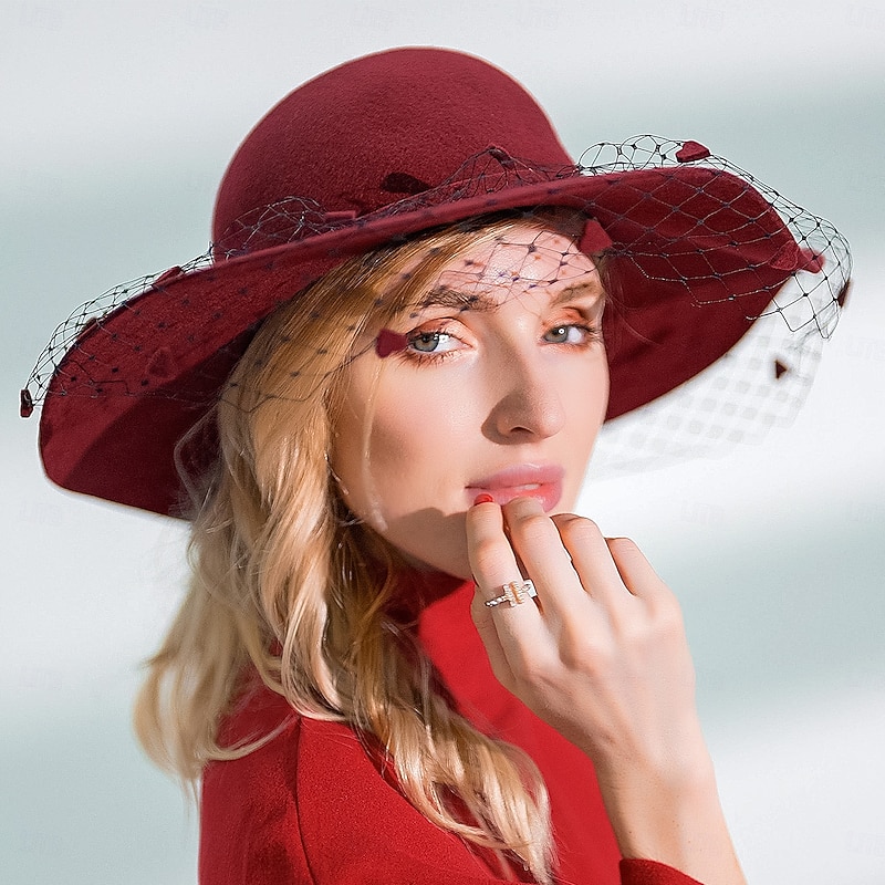 Hats 100% Wool Bowler / Cloche Hat Fedora Hat Wedding Ladies Day Elegant Wedding With Tulle Headpiece Headwear3