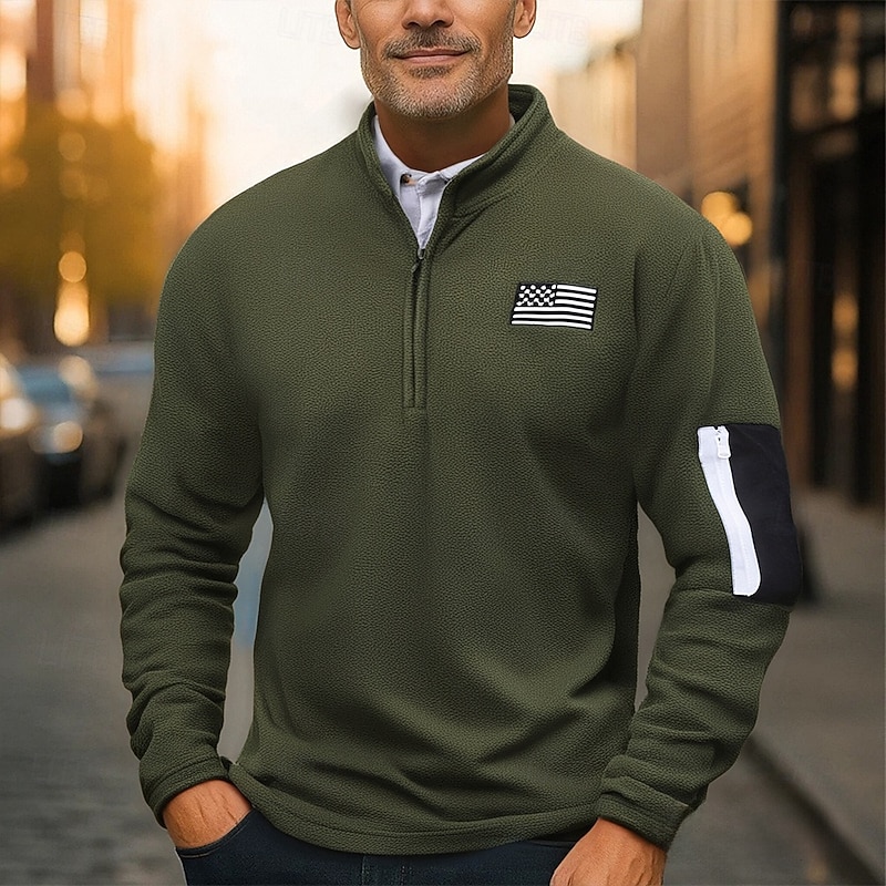 Men's Sweatshirt Fleece Sweatshirt Quarter Zip Sweatshirt Black Army Green Gray Half Zip National Flag Quarter Zip Sports & Outdoor Daily Holiday Polyester Streetwear Basic Casual Fall Winter