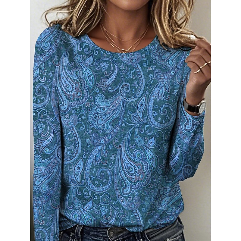 Women's T Shirt Floral Graphic Paisley Vintage Stylish Casual Long Sleeve Crew Neck Regular Tops Daily Print Blue Brown Green Spring Fall Winter2