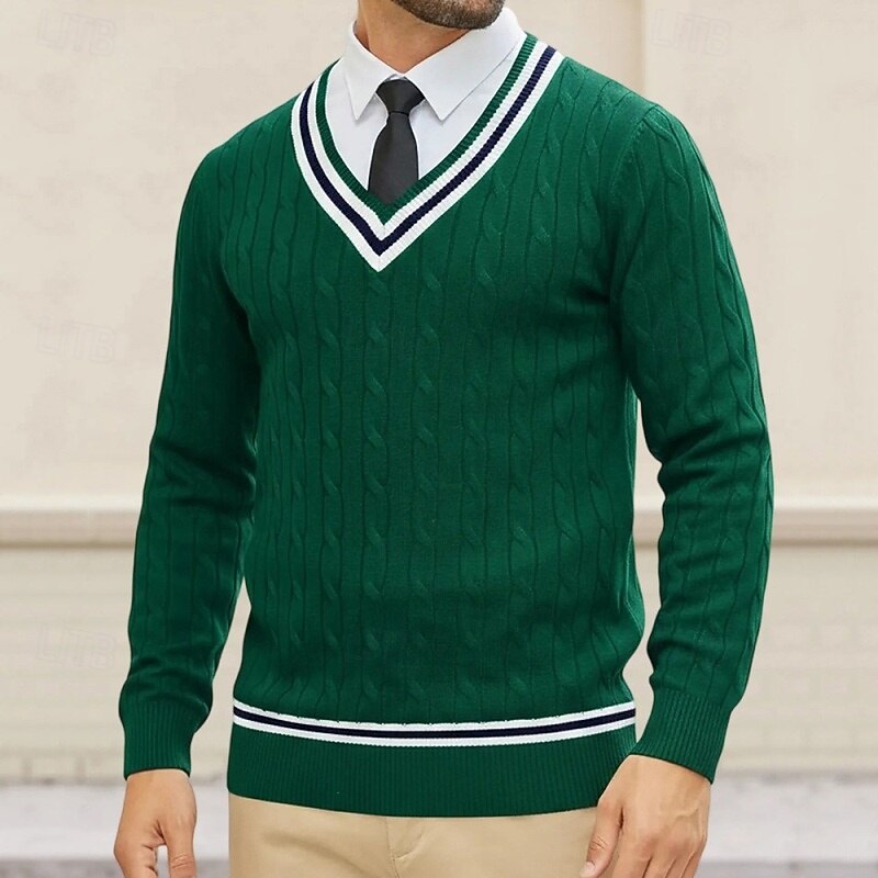 Men's Sweater Pullover Sweater Jumper Ribbed Cable Knit Regular Tops Knitted Slim Fit Plain V Neck Knitwear Contemporary Casual Daily Wear Clothing Apparel Fall Black Navy Blue M L XL