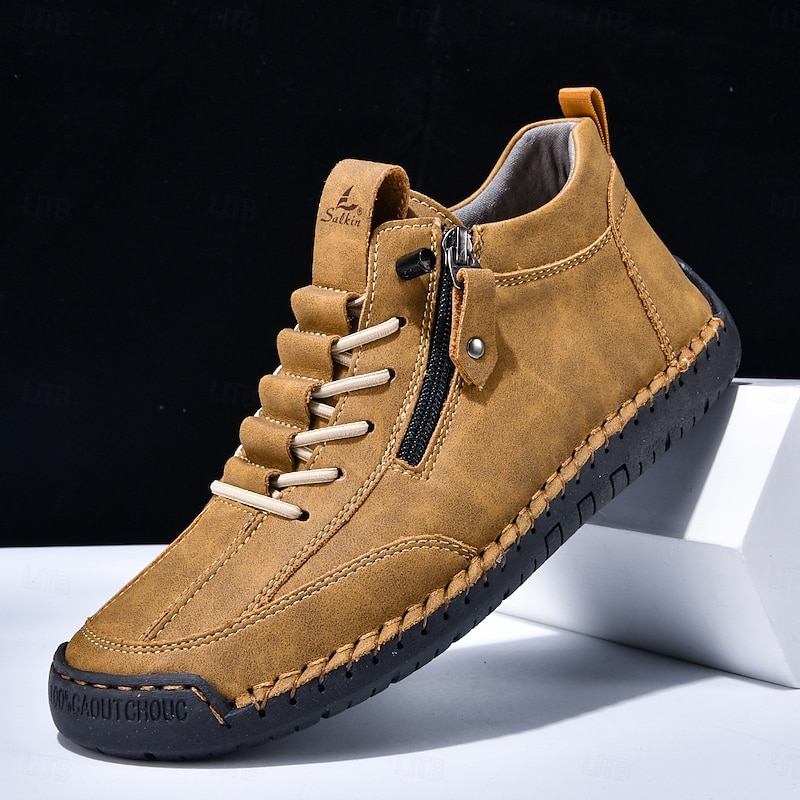 Men's Blue Casual Lace-Up Ankle Boots with Side Zipper, Handmade Style, Comfortable Non-Slip Sole, Outdoor and Daily Wear2