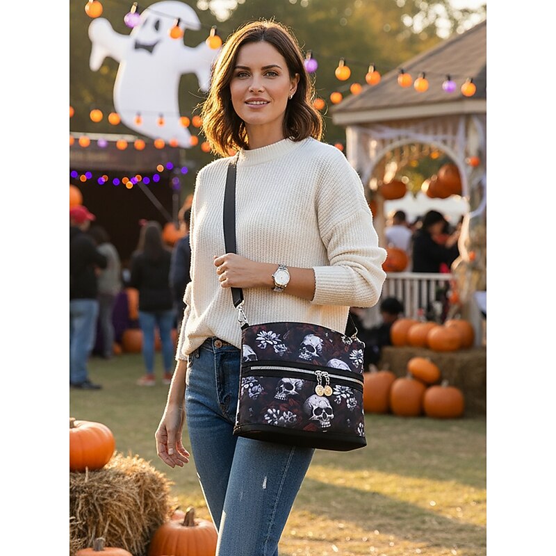 Women's Skull Print Crossbody Shoulder Bag – Gothic Floral Pattern, Casual Faux Leather Handbag for Halloween Party and Daily Use2