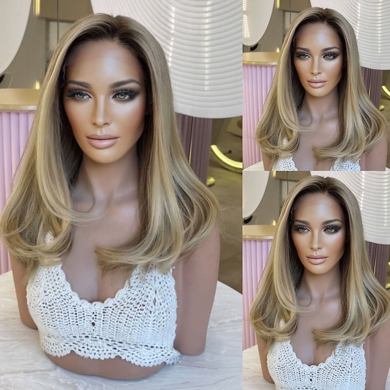Brazilian Virgin Human Hair Glueless 5x5 Lace Closure Wigs Straight 13x4 Lace Front Wig for Women Ombre Blonde Highlight Human Hair Wig Natural Hairline - Main Image