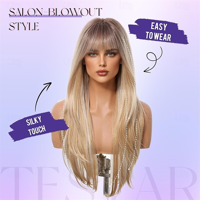 Long Blonde Straight Wigs With Bangs Long Ombre Blonde Synthetic Layered Wigs for Women Daily Use 26IN2