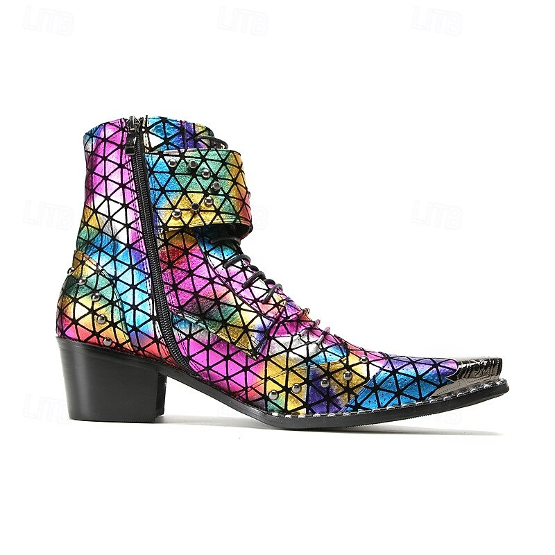 Men's Rainbow-Patterned Boots with Reflective Texture – Stylish and Colorful Shoes for Festivals, Parties and Fashion Enthusiasts3
