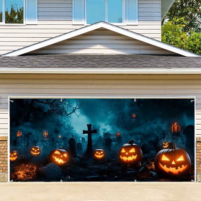 Halloween Tapestry Garage Door Cover Large Hanging Backdrop Pumpkin Cemetery 3D Dark Punk Gothic Style Party Outdoor Shooting Backgrounds Yard Haunted House Home Decor