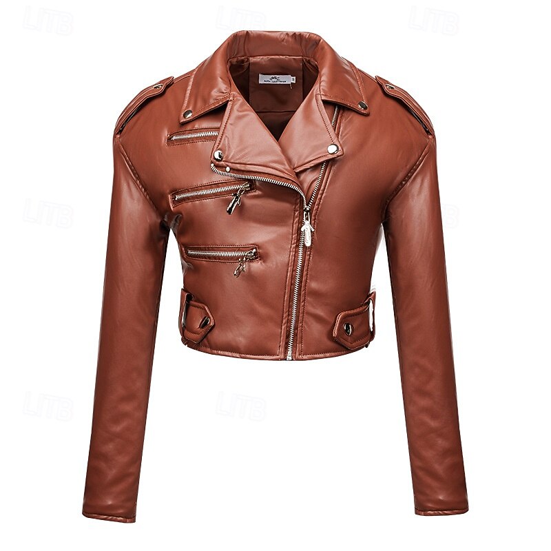 Women's Faux Leather Jacket Warm Comfortable Zipper Casual Solid Color Vacation Street Casual Daily Wear Short Lapel Regular Fit Long Sleeve Outerwear Black Fuchsia Coffee Fall Winter