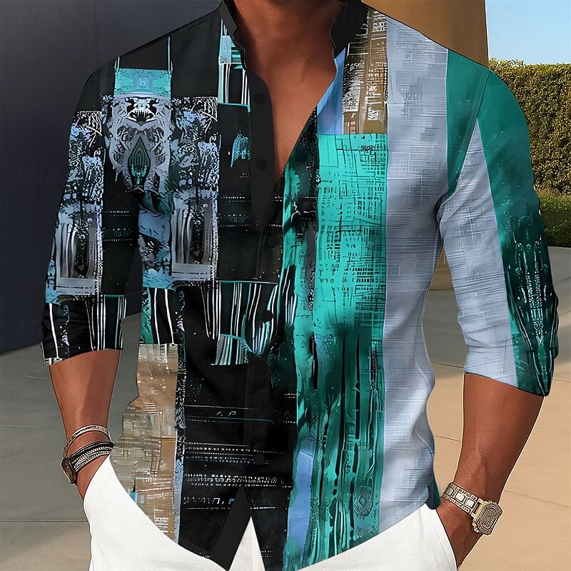Men's Geometric Color Block Patchwork Shirt Stand Collar Shirt Long Sleeve Vintage Retro Dailywear Holiday Spring Fall Mandarin Collar Band Collar 3D Print Button Up Shirts Red Blue Green2
