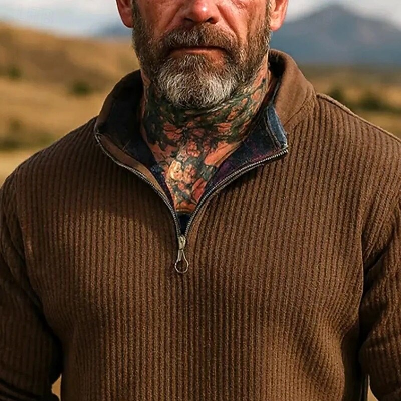 Men's Sweatshirt Corduroy Pullover Hoodie Sweatshirt Pullover Quarter Zip Sweatshirt Brown Standing Collar Plain Patchwork Sports & Outdoor Casual Daily Streetwear Cool Sportswear Spring &  Fall3