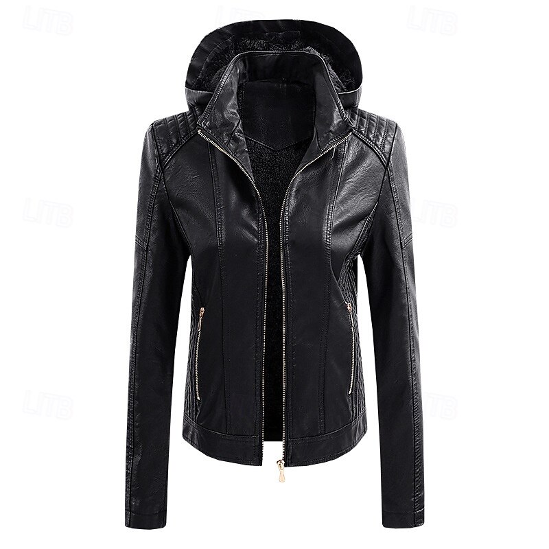 Women's Faux Leather Jacket Warm Comfortable Zipper Pocket Casual Solid Color Vacation Street Casual Daily Wear Short Hooded Regular Fit Long Sleeve Outerwear Black Red Blue Fall Winter2
