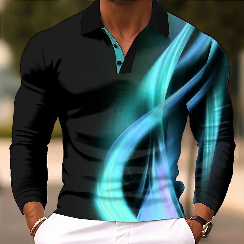 Men's Geometic Line Polo Long Sleeve Polo Shirts Collared Shirts Business Casual Business Athleisure Daily Wear 3D Print Buttons Spring Fall Winter Lake blue Blue Purple2