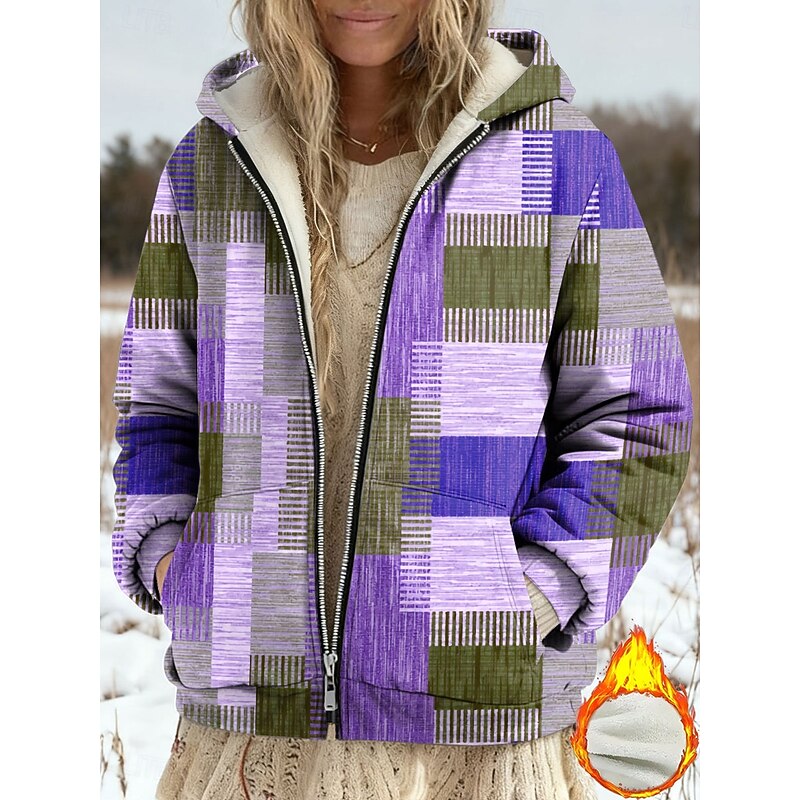 Women's Winter Coat Fleece Jacket Casual Jacket Warm Zipper Pocket Print Fashion Casual Geometric Street Casual Regular Hooded Regular Fit Long Sleeve Outerwear Yellow Blue Purple Spring Fall2