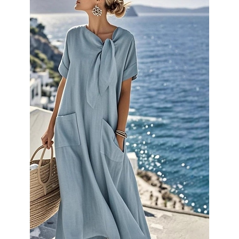 Women's Midi Dress A Line Dress Casual Daily Loose Fit Plain Short Sleeve Notched Neck Blue Brown Army Green Apricot Summer