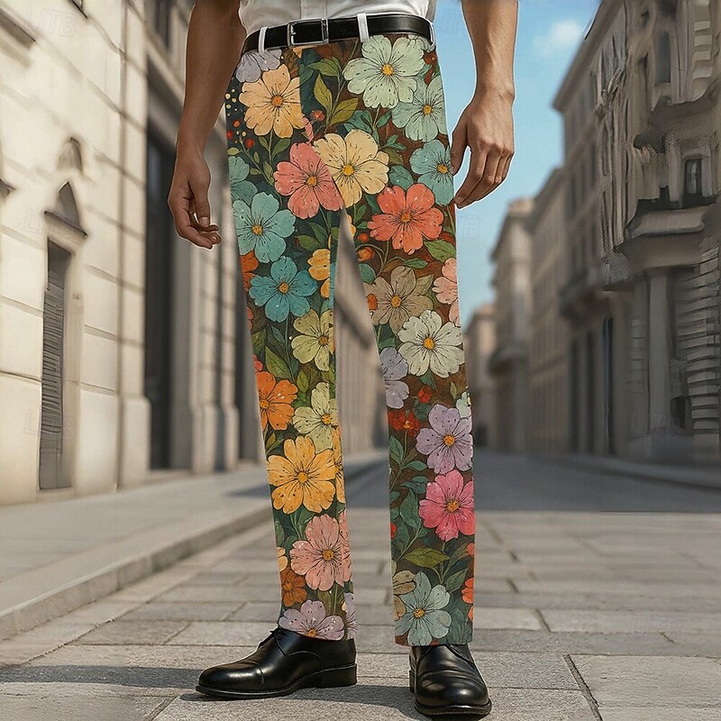 Men's Dress Pants Trousers Suit Pants Floral Print Flowers Full Length Outdoor Vacation Daily Casual Formal Blue Gray Micro-elastic