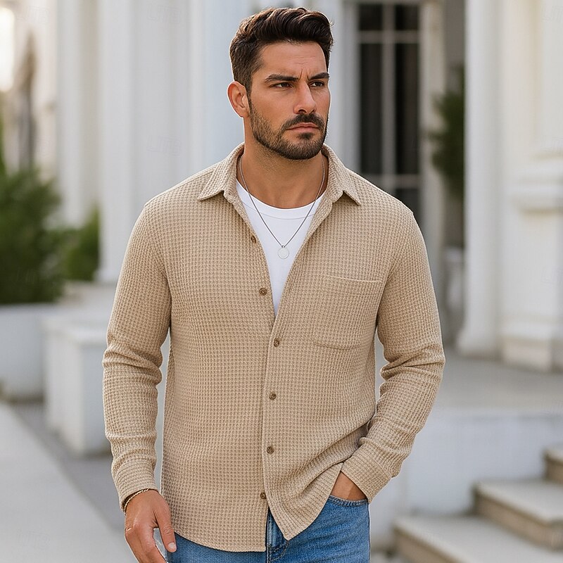 Men's Shirt Waffle Shirt Summer Shirt Casual Shirt Button Up Shirt Black Burgundy Blue Green khaki Long Sleeve Plain Textured Lapel Vacation Casual Pocket Clothing Apparel Fashion Casual Comfortable3