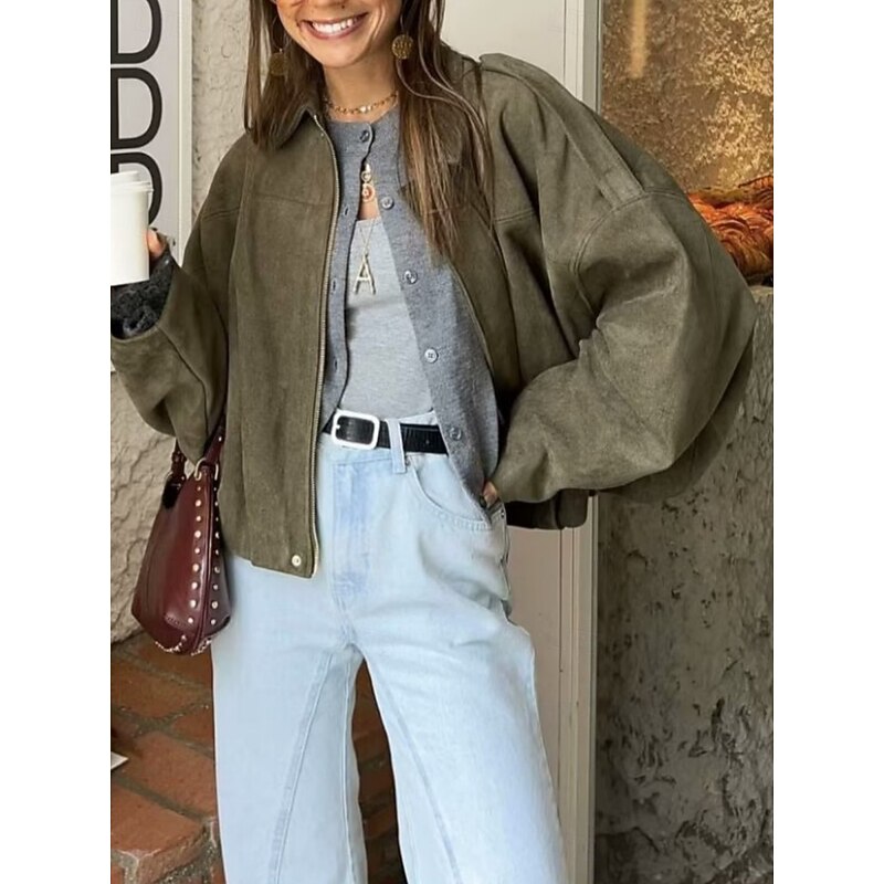 Women's Casual Jacket Comfortable Breathable Zipper Casual Plain Vacation Street Casual Daily Wear Zipper Short Turndown Regular Fit Long Sleeve Outerwear Wine Brown Army Green Spring Fall2