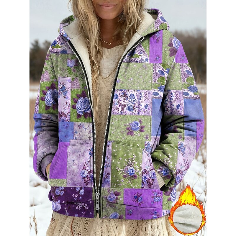 Women's Winter Coat Fleece Jacket Casual Jacket Warm Zipper Pocket Print Fashion Casual Floral Street Casual Regular Hoodie Loose Fit Long Sleeve Outerwear Blue Purple Green Spring Fall2