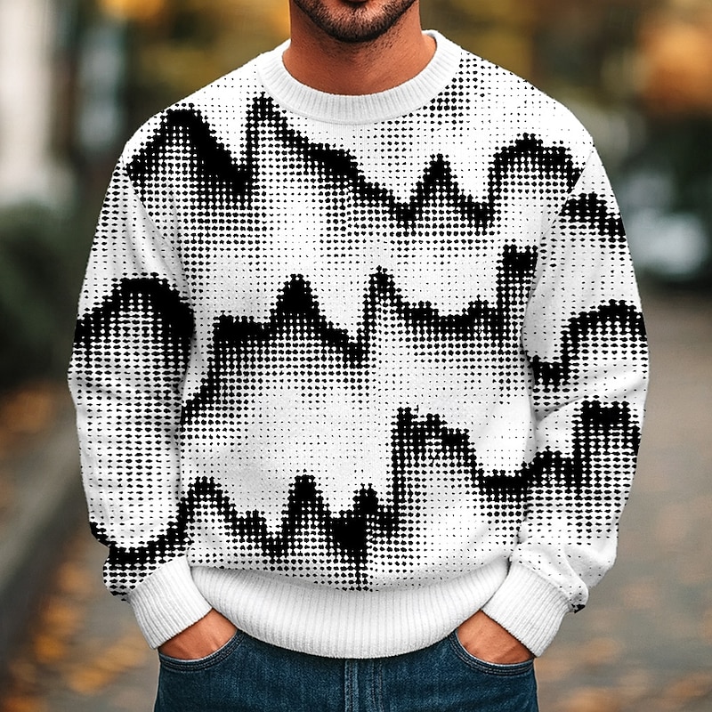 Men's Lines / Waves Abstract Pullover Sweater Jumper Knitwear Crewneck Casual Vacation Street Daily 3D Print Knitting Keep Warm Long Sleeve Spring Fall Winter Black White - Main Image