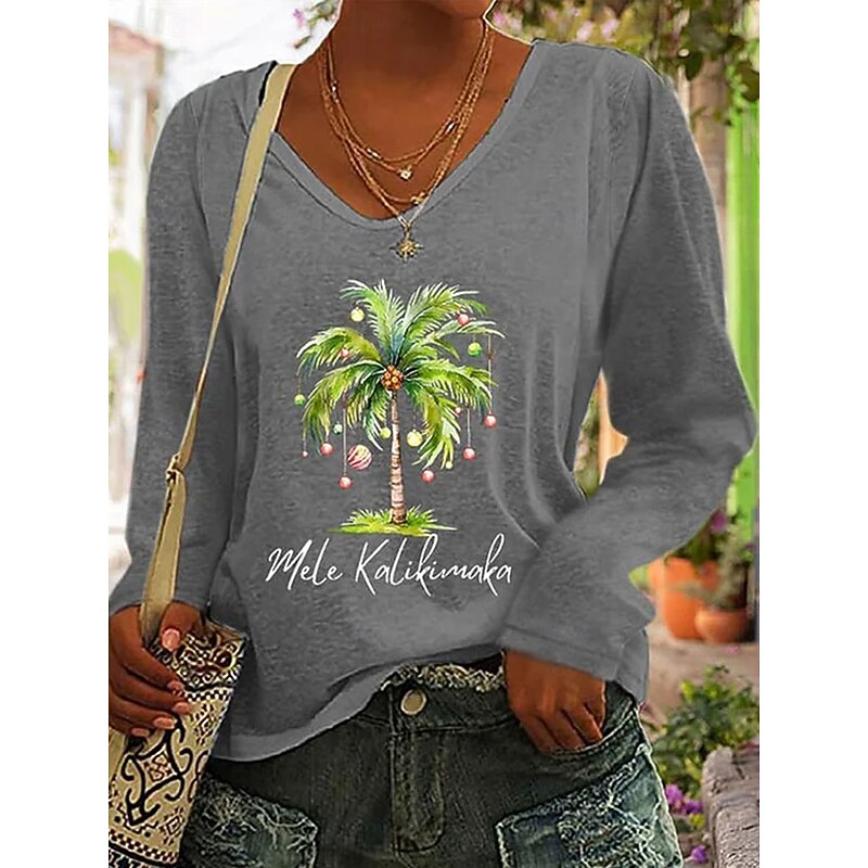 Christmas Women's T Shirt Graphic Christmas Tree Vintage Stylish Classic Long Sleeve V Neck Regular Tops Daily Print Red Green Gray Spring Fall Winter2