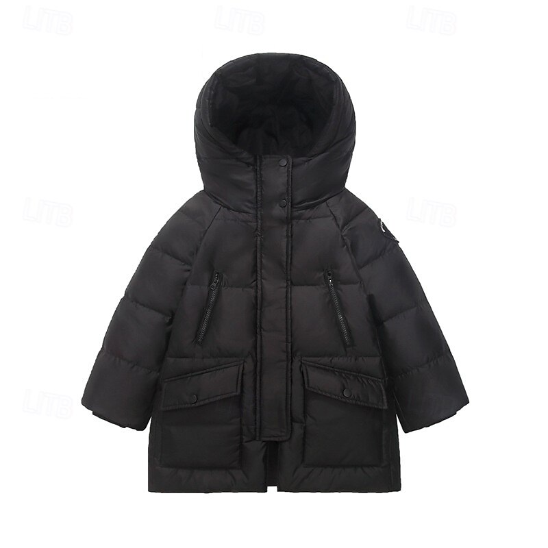 Kids Unisex Down Coat Hoodie Jacket Puffer Jacket Outerwear Solid Color Long Sleeve Pocket Coat Outdoor Daily Basic Black Red Purple Fall Winter 4 years+3