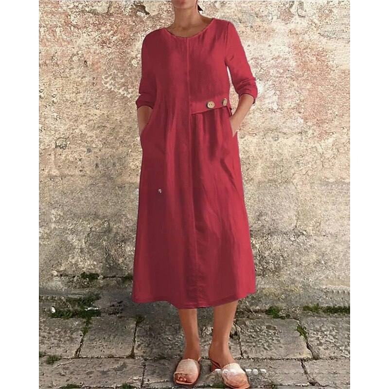Women's Long Dress Maxi Dress Casual Dress Cotton Linen Dress Fashion Modern Daily Date Weekend Regular Fit Plain Long Sleeve Crew Neck Black White Red Khaki Spring Fall3