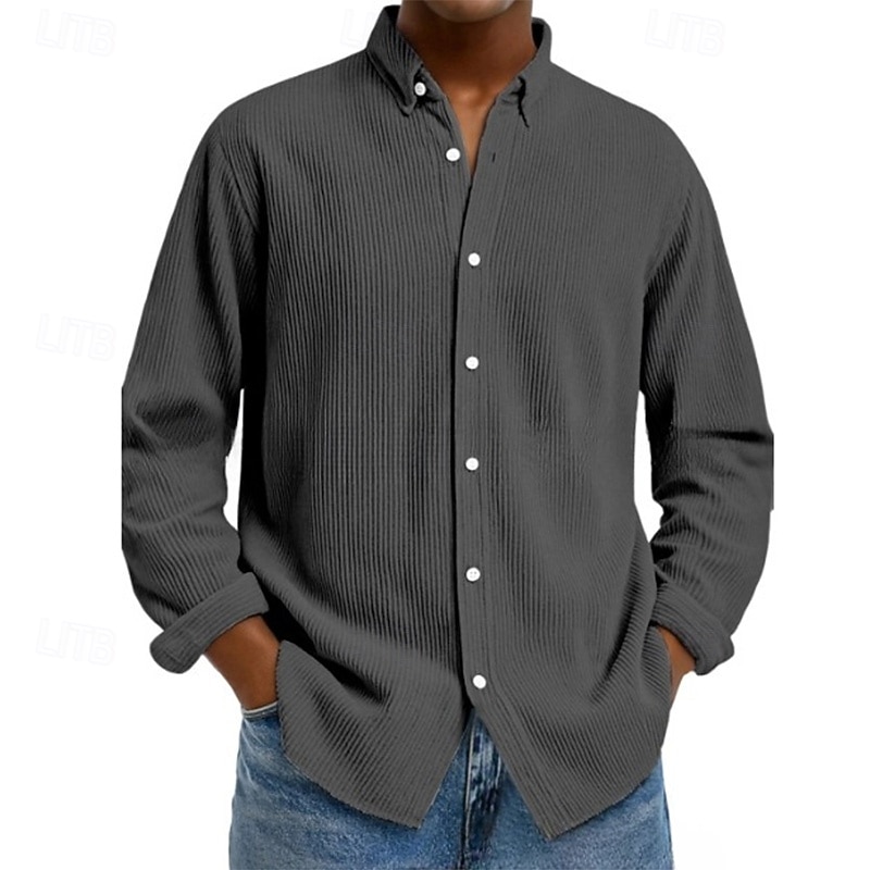 Men's Shirt Casual Shirt Corduroy Shirt Button Up Shirt Black White Light Green Red Navy Blue Long Sleeve Turndown Office / Career Street Clothing Apparel Polyester Fashion Casual