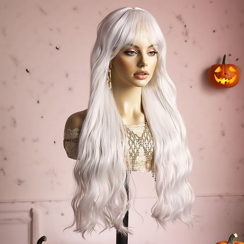 Synthetic Wig Body Wave Wavy Middle Part Neat Bang Wig 26 inch White Synthetic Hair 26 inch Women's Soft Comfy White3