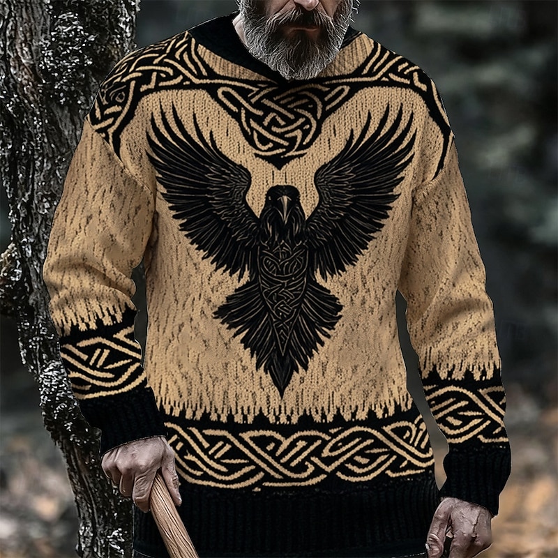 Men's Animal Eagle Viking Pullover Sweater Jumper Knitwear Crewneck Retro Vintage Casual Vacation Street Daily 3D Print Knitting Keep Warm Long Sleeve Spring Fall Winter White Blue Purple3