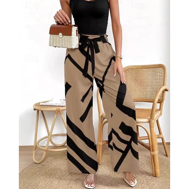 Women's Culottes Wide Leg Chinos Streetwear Casual Full Length Medium Waist Geometric Pattern Elastic Waist Comfortable Micro-elastic Outdoor Street Daily Brown Spring Fall Loose Fit3
